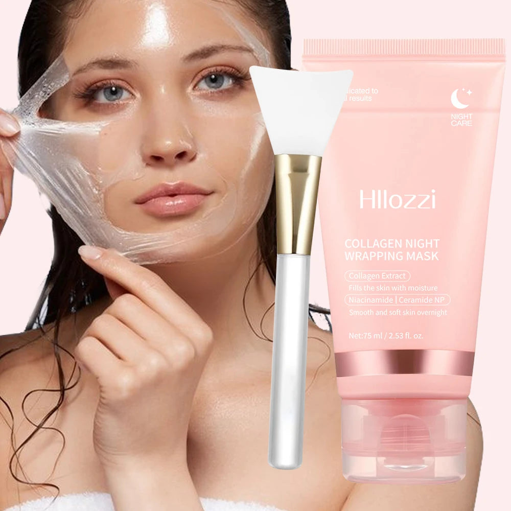 Collagen Overnight Wrap Mask with Jelly Brush Deep Hydrating Moisturizing Night Treatment Mask for All Skin Types